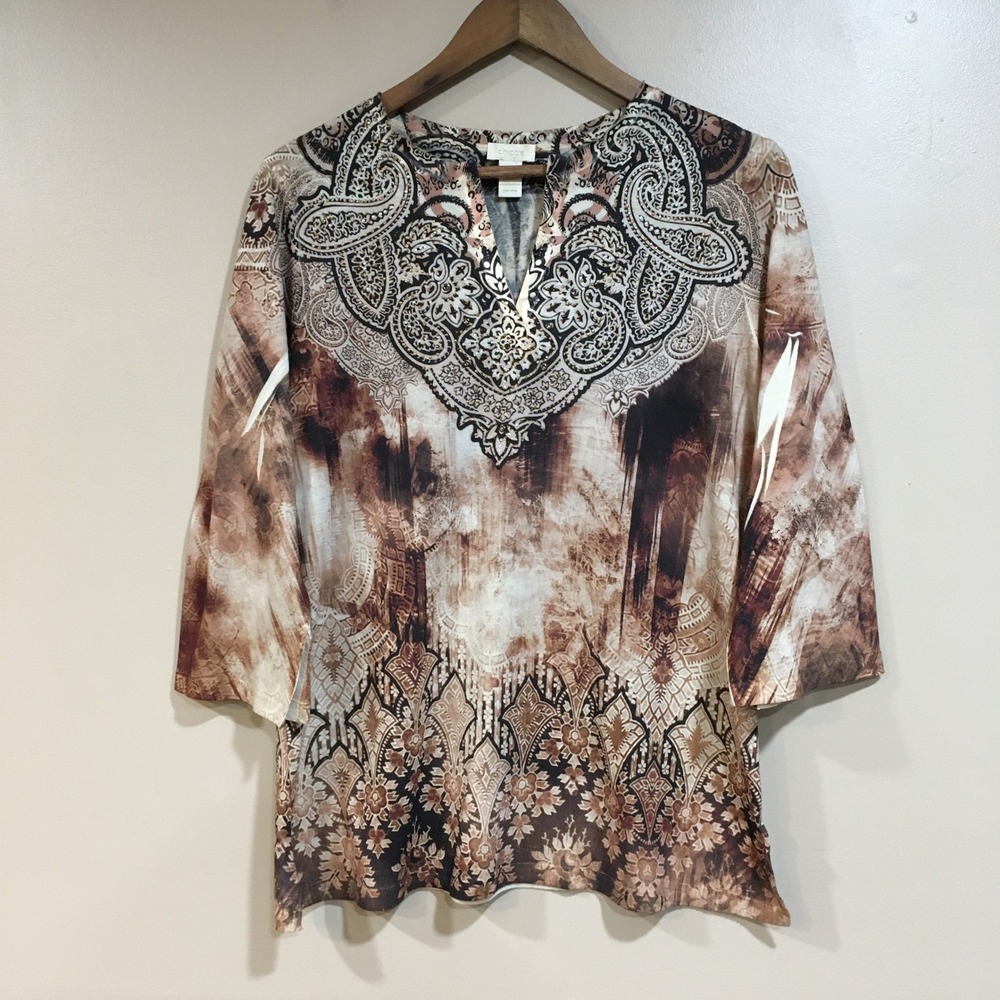 Chicos Paisley 3/4 Sleeve Top Women M Chicos Sz 1 Brown Black Boho Hippie Earthy